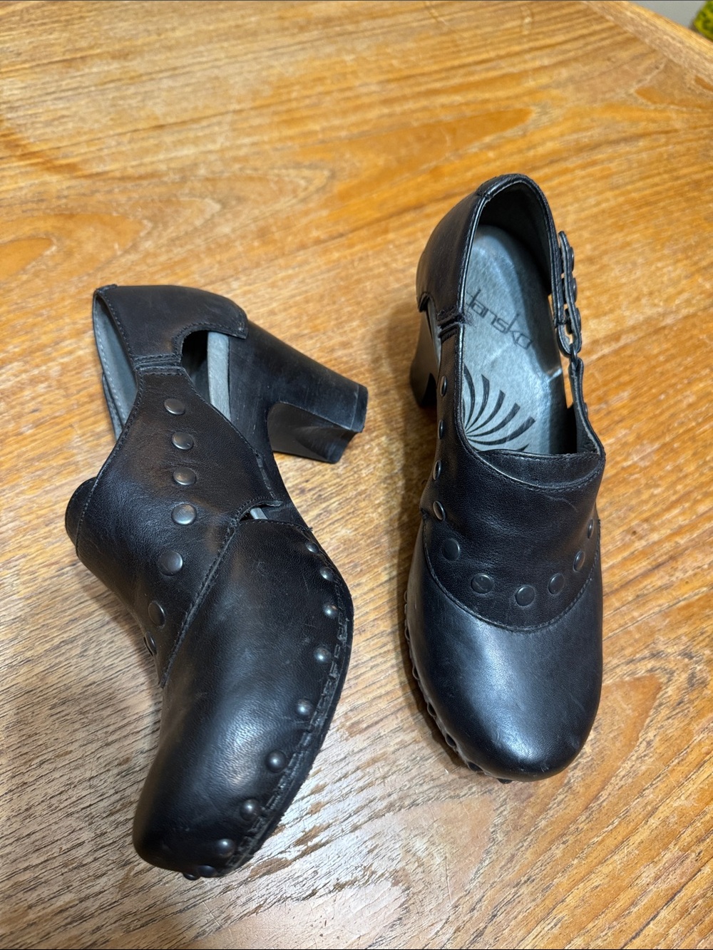 Dansko Black Leather Studded Mary Jane Heels